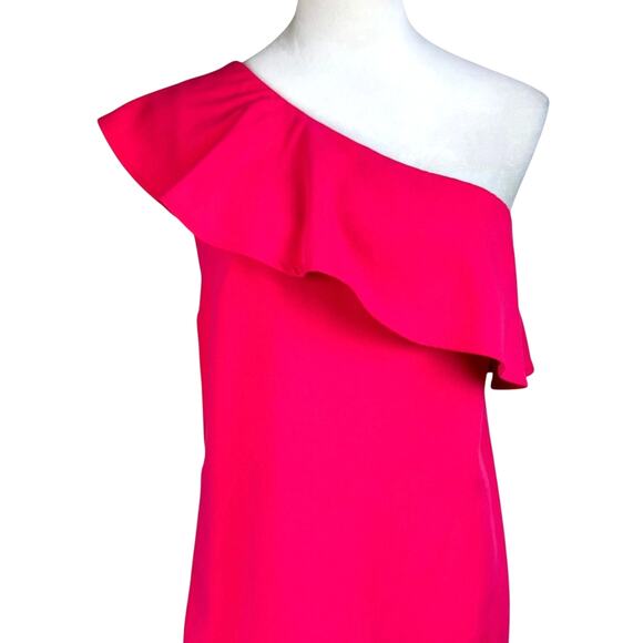 French Connection NWT Deep Hot Pink One Shoulder Ruffle Overlay Mini Dress - Picture 6 of 12